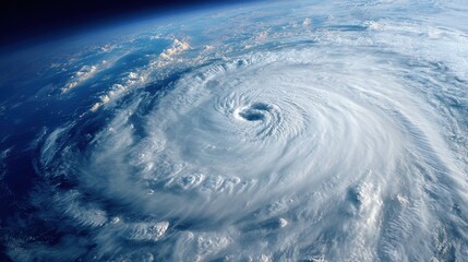 A large hurricane is swirling over the ocean, displaying a distinct circular formation and dense cloud cover. The view from space highlights its scale and the surrounding landmass.