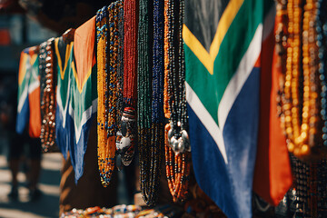 Colorful beaded necklaces hanging next to south african flags
