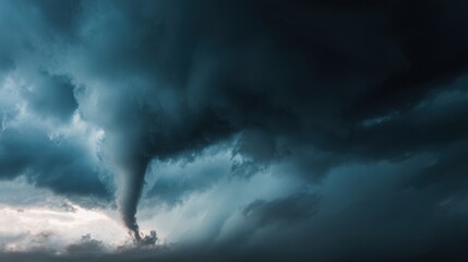 A tornado twists down from ominous dark clouds, creating a striking funnel shape against the backdrop of a turbulent sky. The scene captures the raw energy of nature.