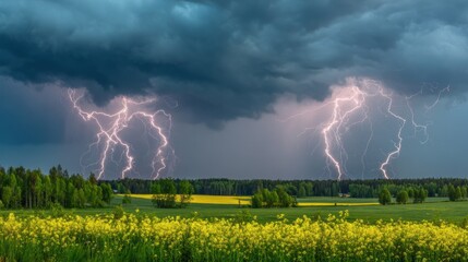 Dark clouds dominate the sky as lightning arcs across, illuminating a rural landscape. Below, a bright yellow field contrasts with the stormy scene, creating a captivating display of nature's power.