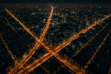 Aerial Night View of City Streets and Traffic Flow with Illuminated Buildings and Crossroads in Urban Environment