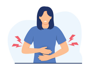 Illustration of a woman with a period. Menstrual cramps or endometriosis abdominal pain concept. A woman holding her hands on belly and suffering abdominal pain. Vector illustration.