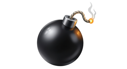Classic black bomb with burning fuse isolated on transparent background