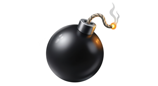 Classic black bomb with burning fuse isolated on transparent background