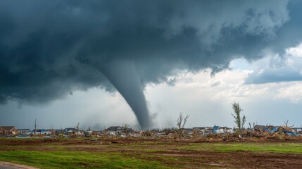 Fototapeta premium A powerful tornado descends on a rural neighborhood, causing severe damage to buildings and uprooting trees. Dark clouds loom overhead, adding to the ominous atmosphere.
