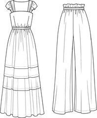 Fashion design, trendy summer dress, wide-leg pants, stylish clothing, wardrobe essential, sewing pattern, garment sketch, apparel vector, flat illustration, CAD drawing