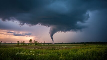 A tornado descends over a vibrant green field at dusk, surrounded by dark storm clouds and trees in the distance. Strong winds create a powerful, swirling vortex.