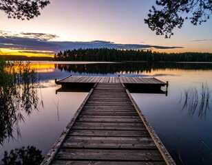 Fototapeta premium Tranquil sunset over a lake with a wooden pier