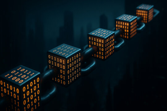 Digital Blockchain Concept with Binary Code in 3D Rendering, Representing Secure Data Transactions and Modern Technology Innovations