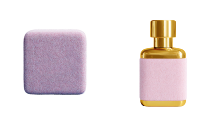 Pink square cosmetic product beside a gold-capped bottle