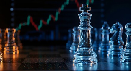 Glass chess pieces on a board with a financial chart background, symbolizing strategic planning in business and finance