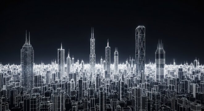 Futuristic Digital City Skyline with Neon Light Highlights and Tall Skyscrapers in Night Setting