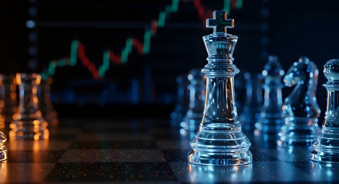 Glass chess pieces on a board with a financial chart background, symbolizing strategic planning in business and finance - Powered by Adobe