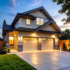 Two-story house, illuminated at dusk, features a large driveway and double garage
