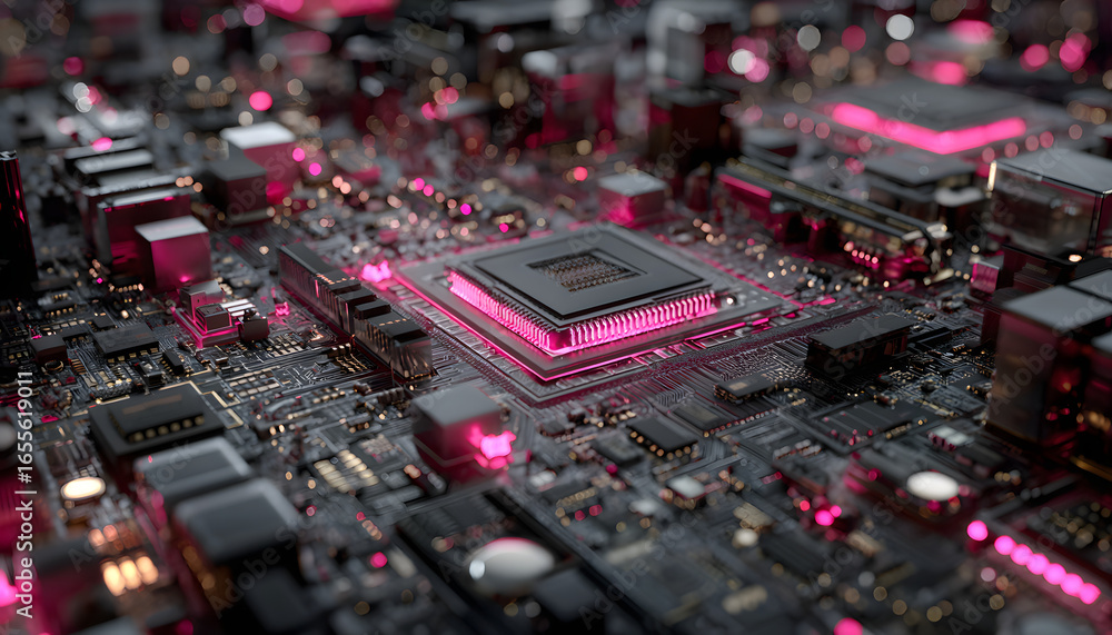 Poster close-up of advanced computer circuitry with neon pink lights illuminating microchips, processors. d