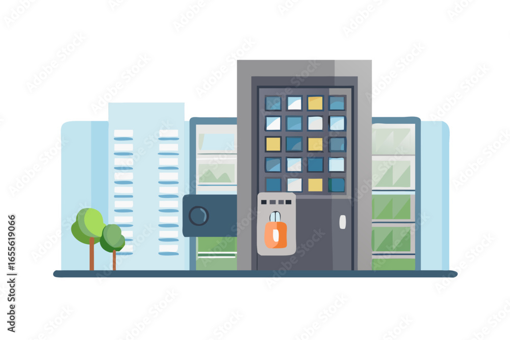 Aufkleber modern apartment building entrance with security lock and trees in a flat design style