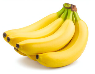 A fresh bunch of ripe yellow bananas with a bright peel and a slight curve, isolated on a clean white background.