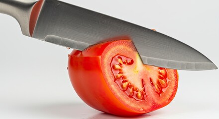 Slicing Fresh Tomato: Sharp Knife Cuts Juicy Red Fruit on White Background