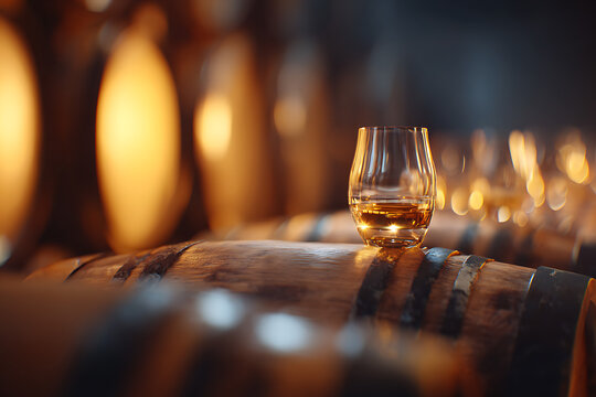 Glass of whisky resting on oak barrels in distillery cellar