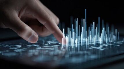 Close-up of a hand touching a digital bar graph on a tablet