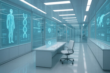 Modern Laboratory Interior with High-Tech Displays of Human Anatomy, DNA Structure, and Data Analysis for Research and Innovation
