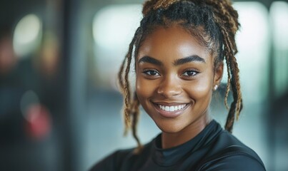 Smiling young Black woman engaged in a gym boxing class, promoting fitness, health, and empowerment, Generative AI