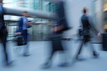 Obraz premium Blurred motion of business people walking near a modern building during the day time hours
