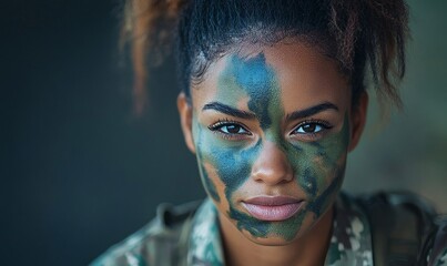 Mixed-race female soldier in army camouflage face paint, showcasing strength and unity in military service, with a focus on diversity and inclusion, Generative AI