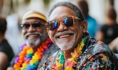 Happy senior male friends celebrating Pride Month together, wearing rainbow garlands and Hawaiian necklaces, capturing the candid inclusivity of the LGBTQ+ festival, Generative AI