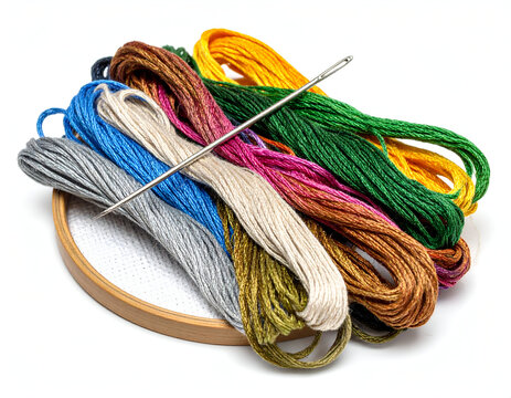A vibrant assortment of colorful embroidery threads, a silver needle, and a hoop, ready for a creative needlepoint or cross-stitch project.