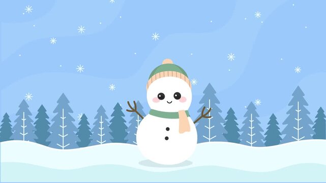 animated cute happy snowman cartoon in winter forest