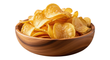 Wooden bowl filled with crispy potato chips isolated on transparent background