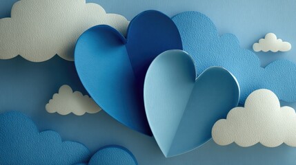 Two overlapping blue hearts among white clouds