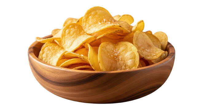 Wooden bowl filled with crispy potato chips isolated on transparent background