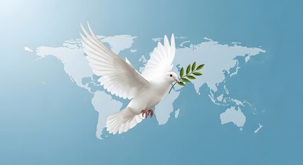 Fototapeta premium White dove carrying olive branch, flying over a world map, illustrated graphic, peaceful serene palette, digital art