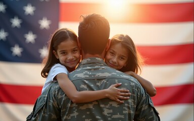 Rear view of military man father with his children, american flag on background Happy reunion of soldier with family, 4th july, Memorial Day, Labour Day, independence day, veteran day. High quality