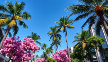 A scenic view of palm trees and pink flowering trees against a bright blue sky on a sunny day outdoors