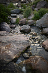 Rocks in the water. Wet rocks. The flow of water in the mountains.