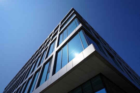 Low angle view of a modern building with glass windows against a clear blue sky day time