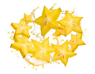 Obraz premium A vibrant arrangement of carambola star fruit slices bursting with a dynamic juice splash, isolated on a clean white background.