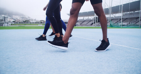Runner, walking and sports with legs on race track for marathon practice, workout and cardio...