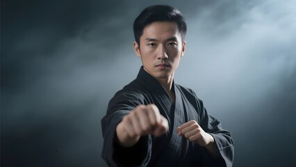 A person in a martial arts stance, wearing a dark gi, against a smoky background.