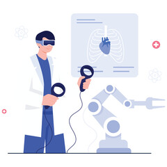 Medical Technology Illustration. Vector illustration of A doctor uses virtual reality equipment and robotic arms for advanced medical visualization and simulation. Isolated on background