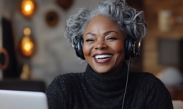 Happy senior African American woman laughing during a video call with colleagues. Smiling mature black woman with gray hair working remotely on a laptop with headphones, Generative AI - Powered by Adobe