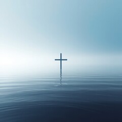 A solitary cross standing in calm water under a light blue sky with subtle reflections visible below it