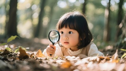 Child exploring forest floor with a magnifying glass, surrounded by fallen leaves