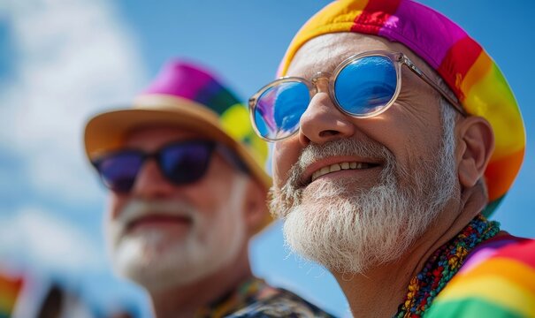 Senior gay male couple at a Pride Month celebration, proudly wearing rainbow flags and glasses, with a blue sky as a backdrop, advocating for diversity and LGBTQ+ rights, Generative AI - Powered by Adobe