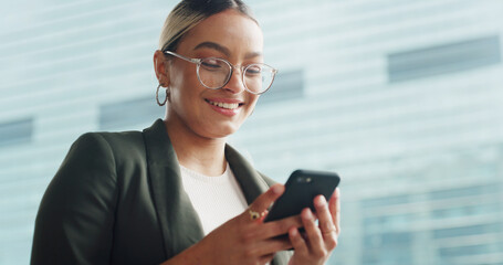 Business, smartphone and woman in city, smile and message to contact, travel and social media....