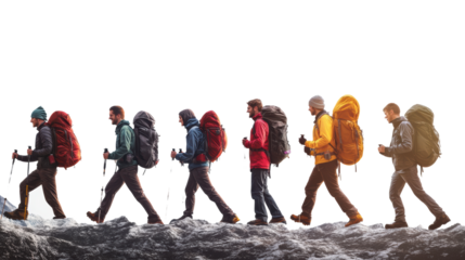 Hikers trekking through snow in colorful outfits
