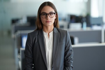 Portrait of a young woman in a business suit and glasses standing in an office space